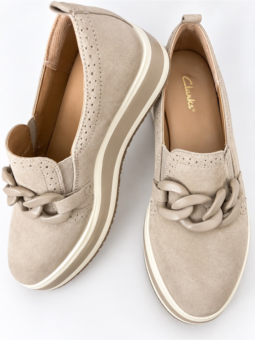 Beige Suede Chain-Detail Slip-On Loafers